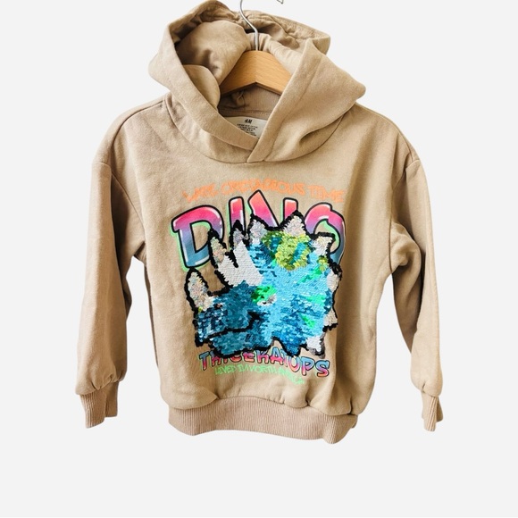 H&M Other - H&M Tan Dino Flip Sequins Graphic Hoodie Sweatshirt